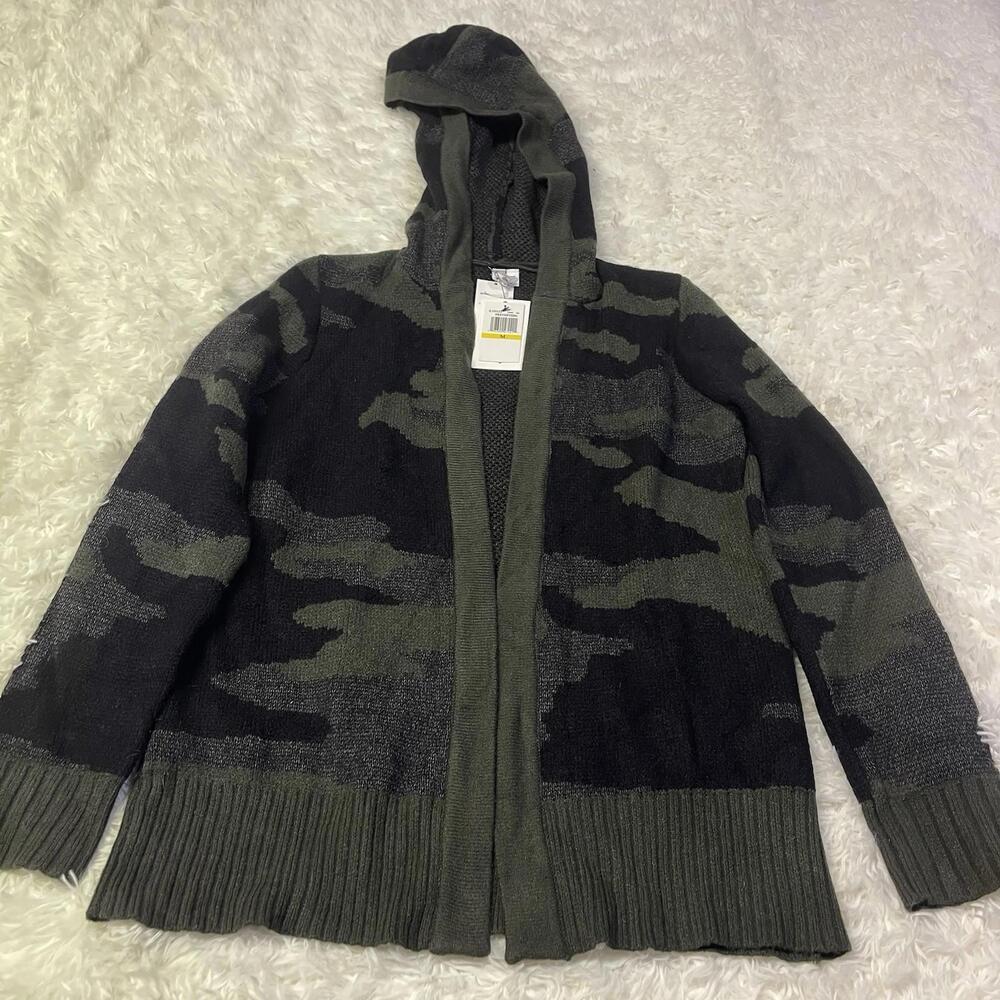 Cable & Gauge camo long cardigan open sweater hoodie black green cozy sz M